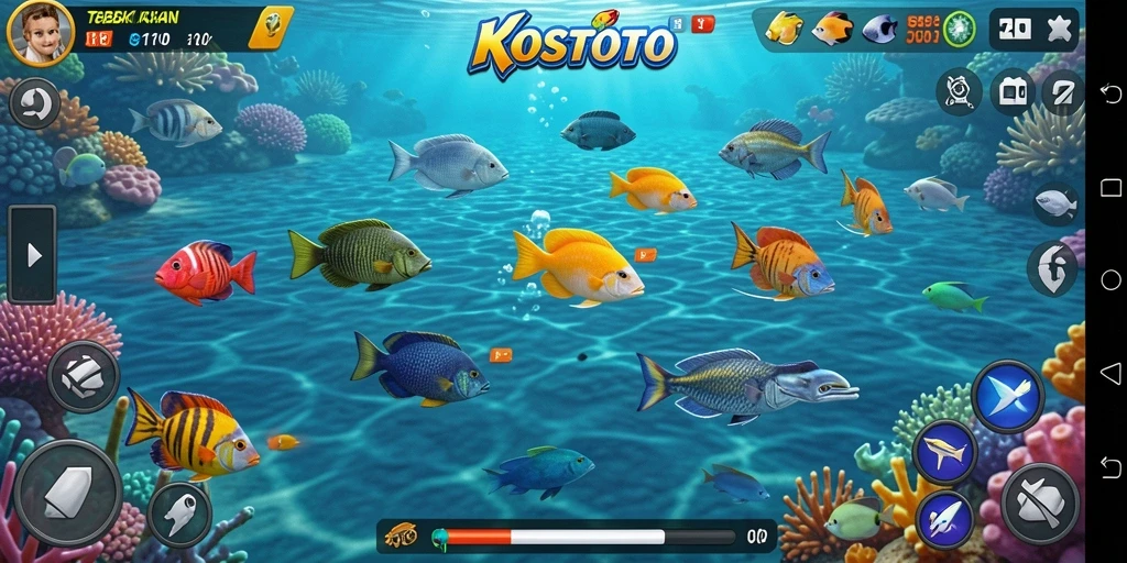 Tampilan gameplay utama KOSTOTO saat menangkap ikan.