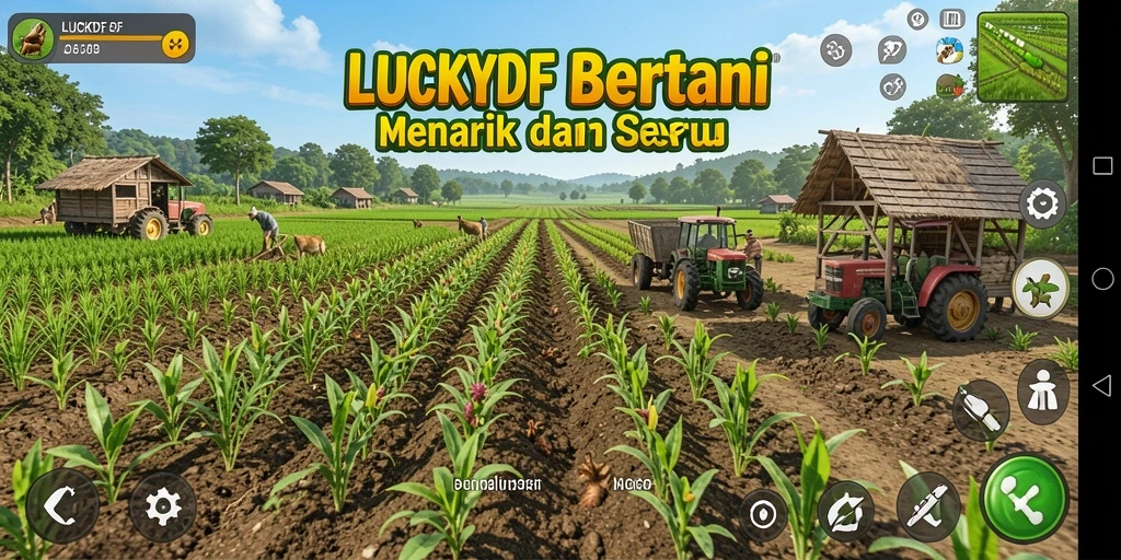 Screenshot utama dari gameplay LUCKYDF menunjukkan aktivitas pertanian yang seru.