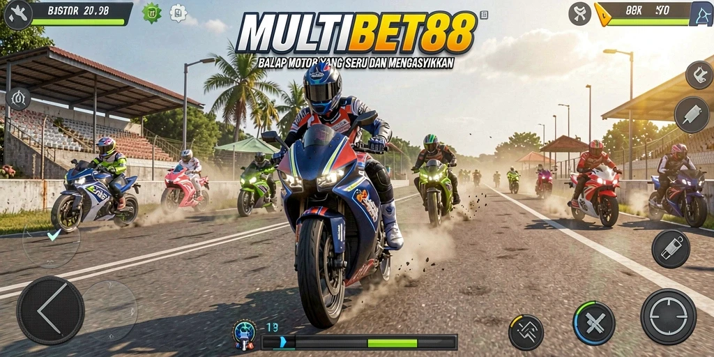 Tampilan utama gameplay MULTIBET88 dengan aksi balap motor yang mendebarkan.