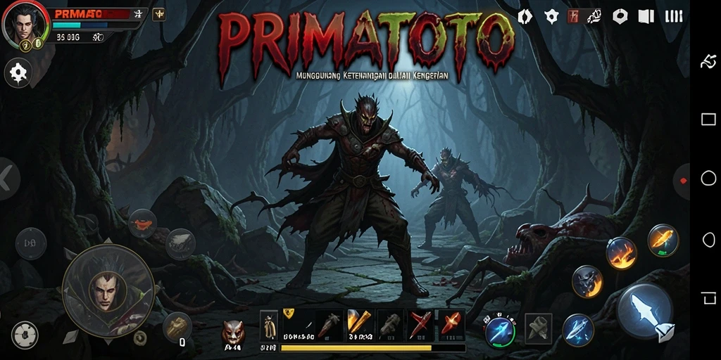 Screenshot gameplay PRIMATOTO menampilkan suasana mencekam saat menjelajahi kegelapan.