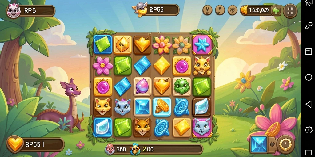 Screenshot utama RP55 menampilkan gameplay seru dan penuh warna dari permainan Match-3.